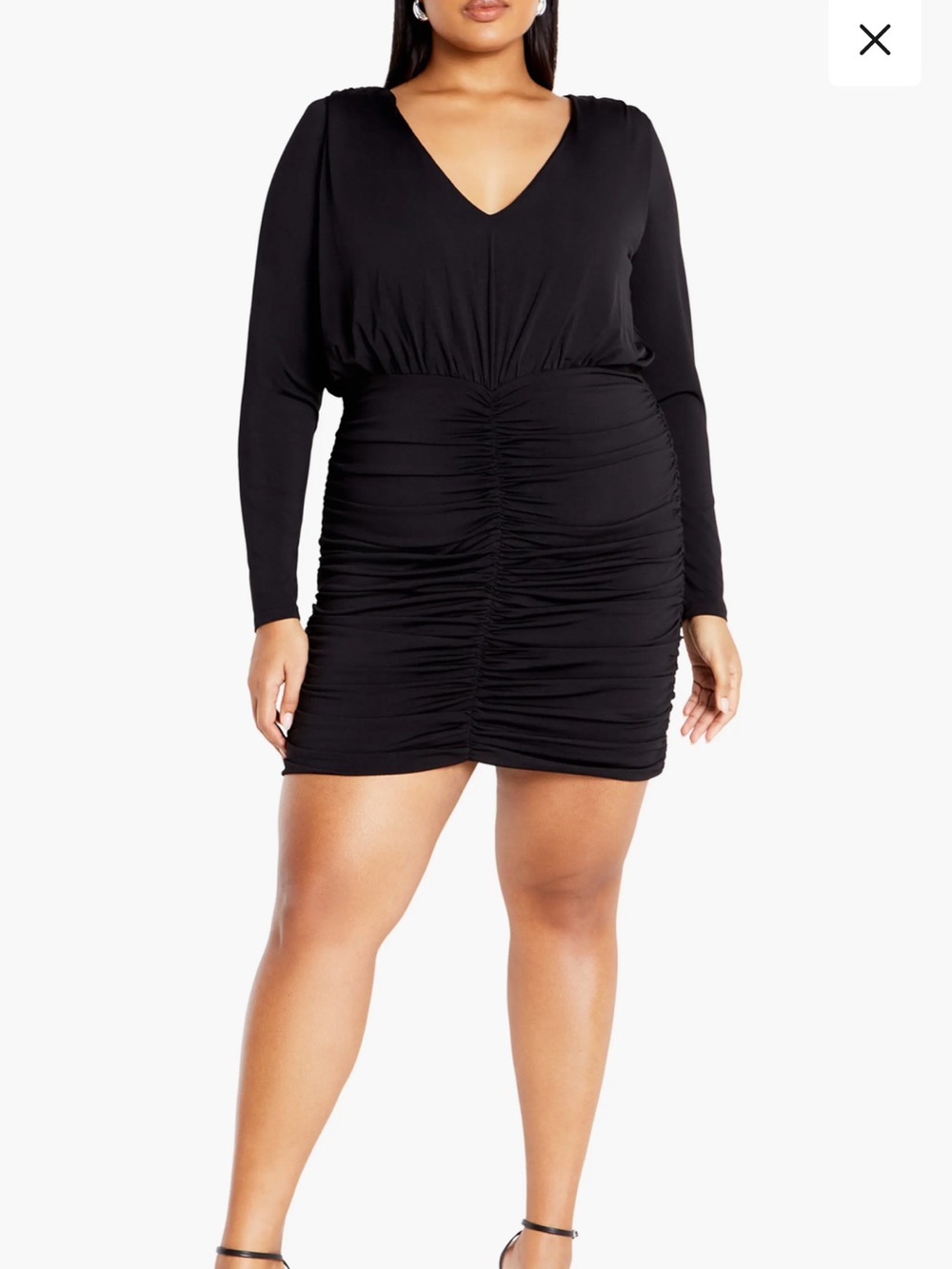 City Chic ‘Sassy Sue’ black ruched body con long sleeve dress Size 12 NEW
